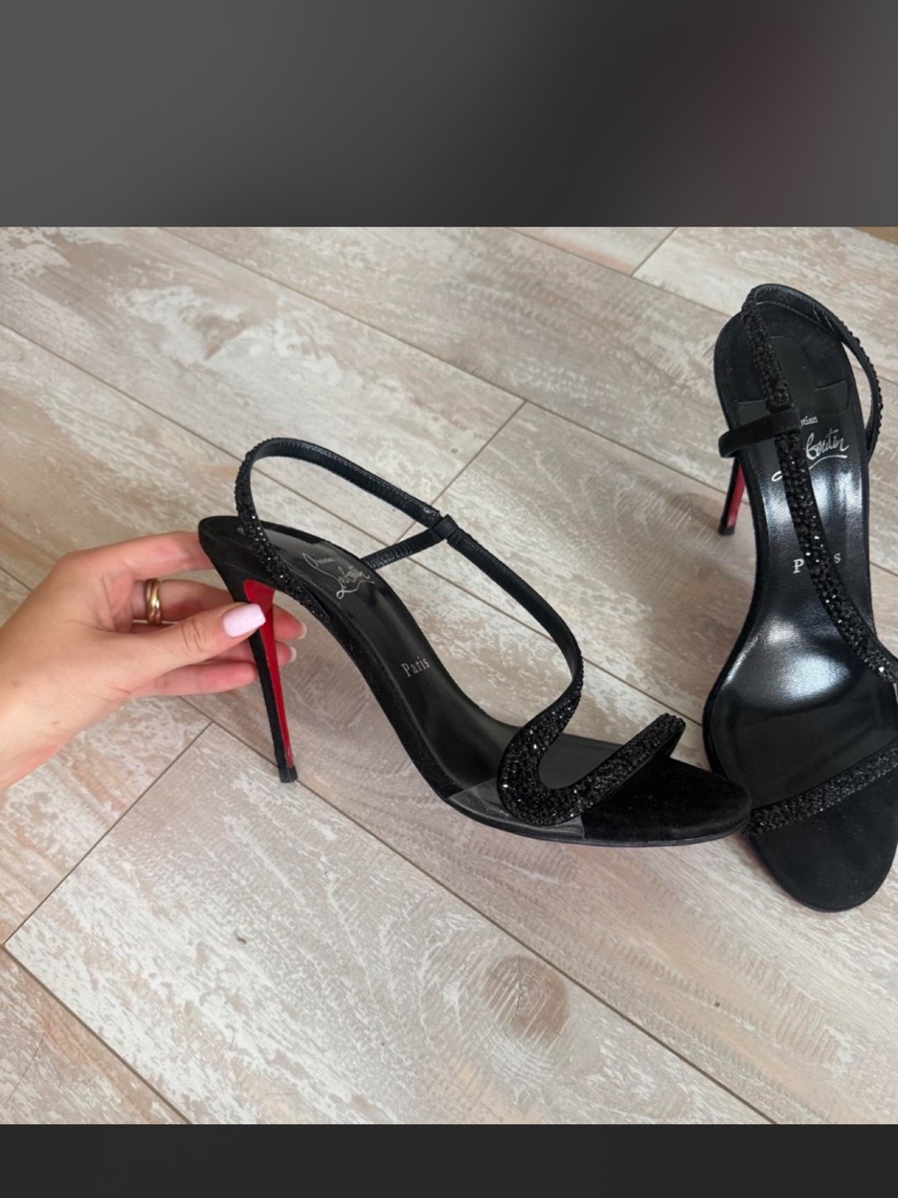 Christian Louboutin Black Crystal Strappy Stiletto Sandals with Red Sole - Picture 3 of 7